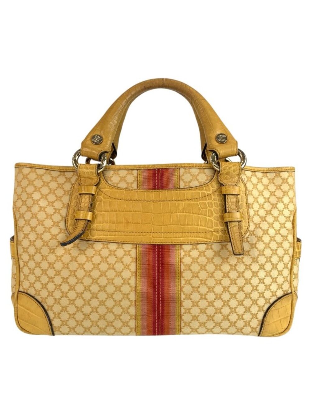 Celine Vintage Macadam Pattern Yellow Canvas Leather Tote Bag